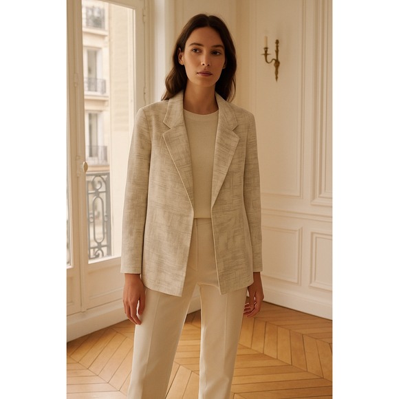 Eileen Fisher Linen Blend Textured Open Front Blazer Jacket L/G Beige Silver - Picture 1 of 7